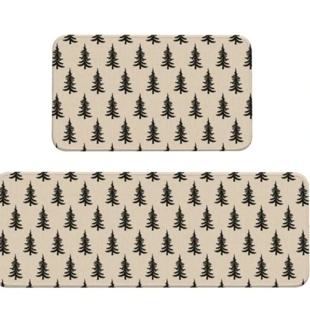 Kitchen Mat Set Of 2 Christmas Print Black Mat With White Trees 17x29, 17x47